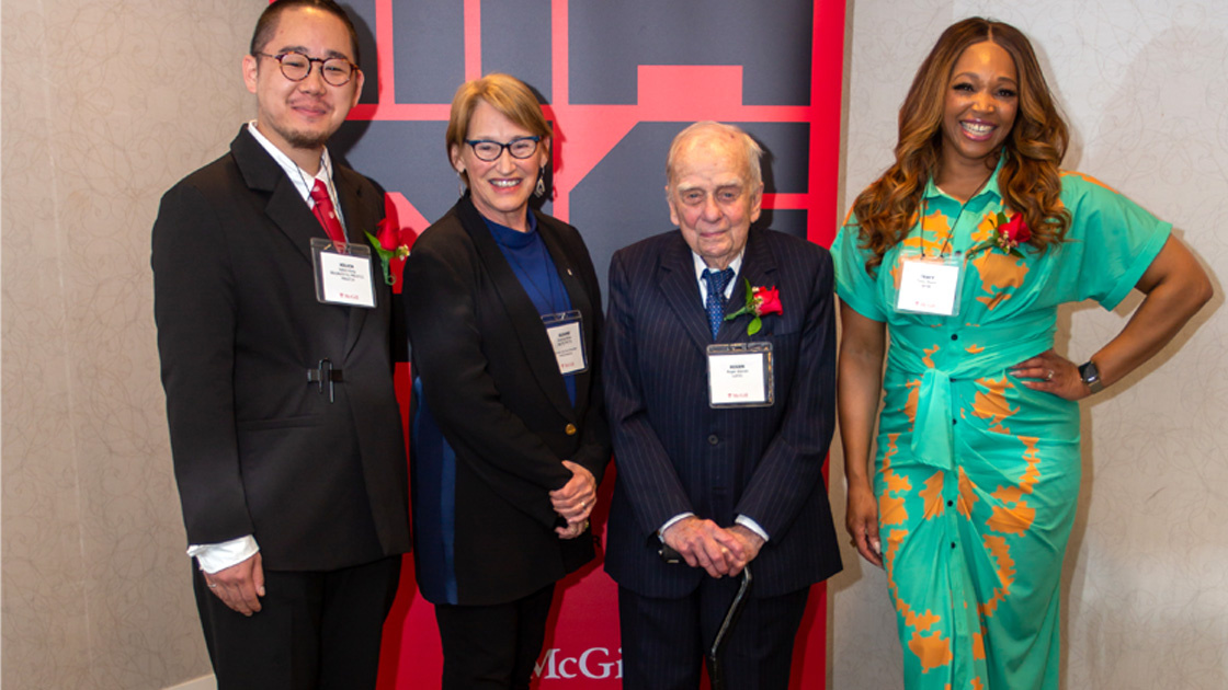 Kelvin Kung (Rising Star Award), Principal Suzanne Fortier, Roger W. Warren (McGill Friend of Education in Toronto Award) and Tracy Moore (Impact Award)