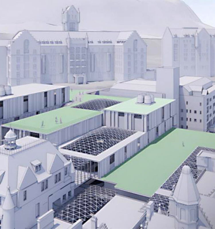 Croquis d’architecte représentant une vue aérienne du Nouveau Vic et de ses toits végétalisés